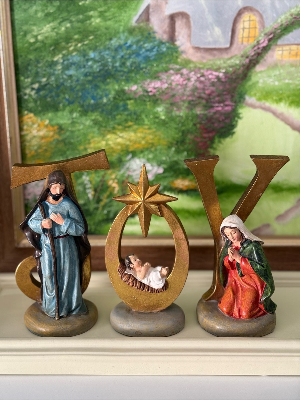 JOY Nativity Figurine Set - Gold, Blue, Red